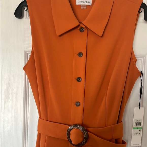 Calvin Klein Orange Midi A- Line Dress Notched Collar Sz 8 - Picture 4 of 5